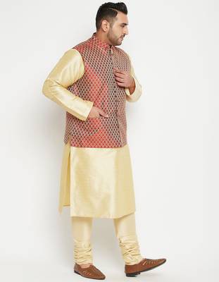 gold, maroon and white silk blend jacket kurta pyjama set 2