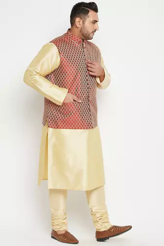 gold, maroon and white silk blend jacket kurta pyjama set