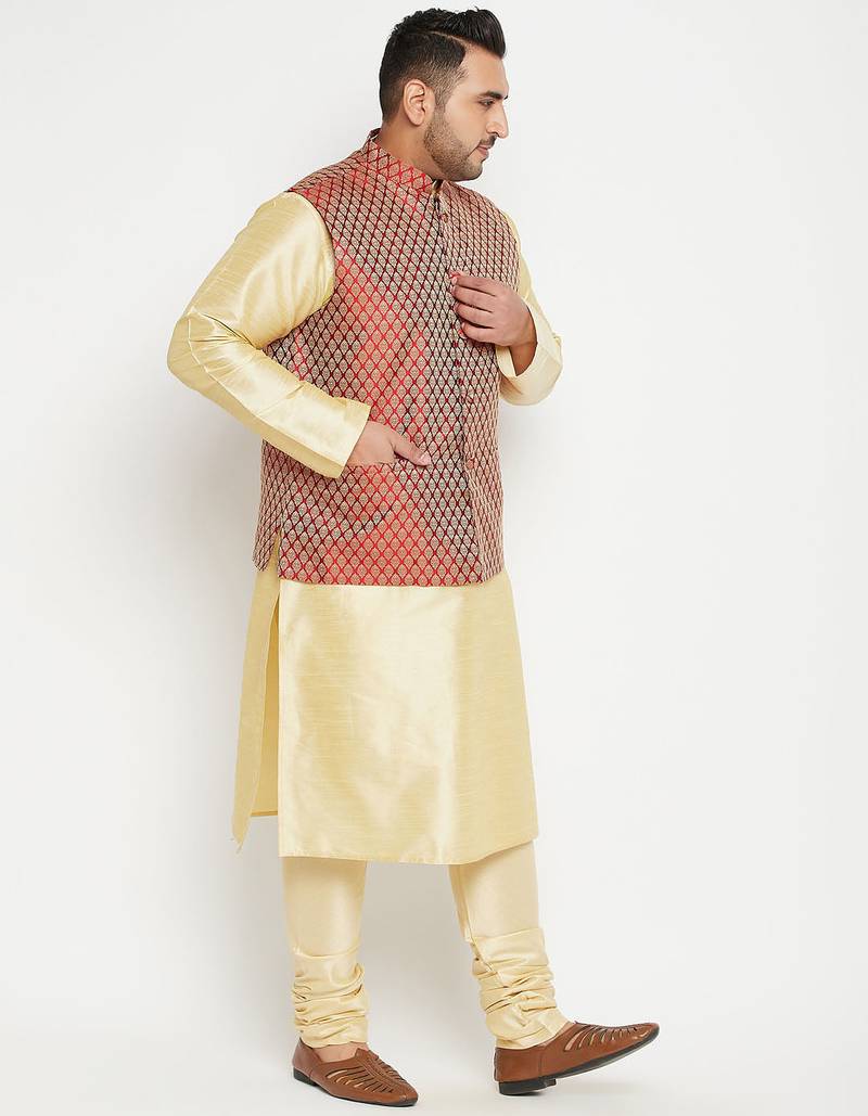 Plus gold, maroon and white silk blend jacket kurta pyjama set