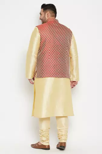 gold, maroon and white silk blend jacket kurta pyjama set
