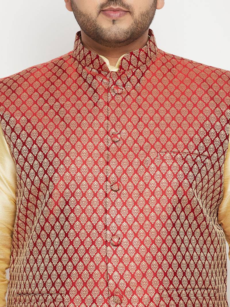Plus gold, maroon and white silk blend jacket kurta pyjama set