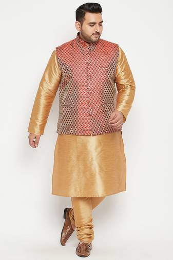 rose gold, maroon and white silk blend jacket kurta pyjama set