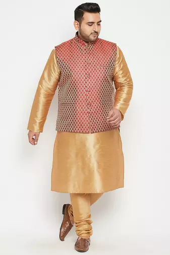 Plus rose gold, maroon and white silk blend jacket kurta pyjama set