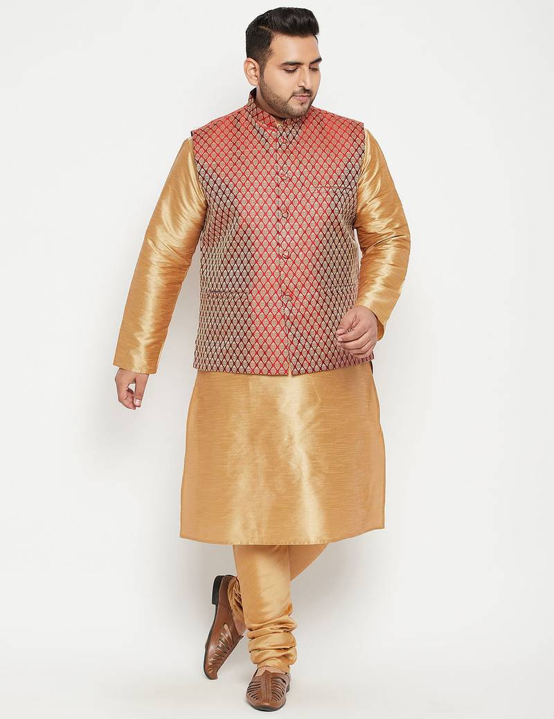 Plus rose gold, maroon and white silk blend jacket kurta pyjama set