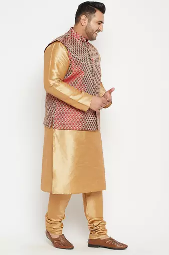 rose gold, maroon and white silk blend jacket kurta pyjama set