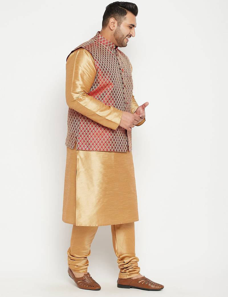Plus rose gold, maroon and white silk blend jacket kurta pyjama set