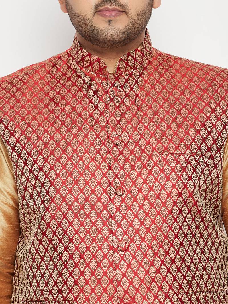 Plus rose gold, maroon and white silk blend jacket kurta pyjama set