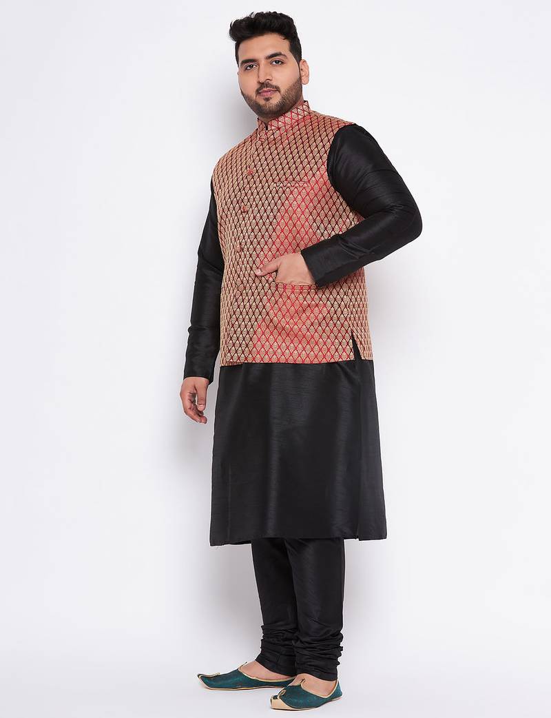 Plus black silk blend jacket kurta pyjama set