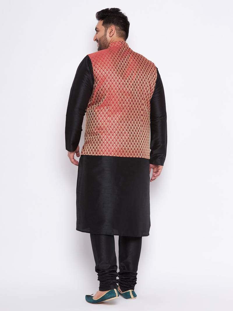 Plus black silk blend jacket kurta pyjama set