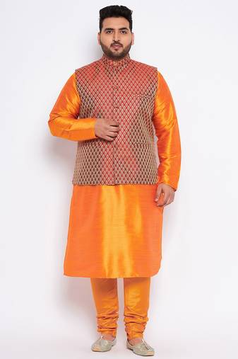 orange silk blend jacket kurta pyjama set
