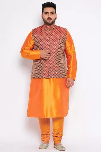 Plus orange silk blend jacket kurta pyjama set