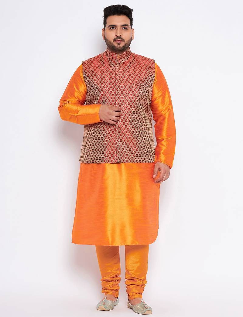 Plus orange silk blend jacket kurta pyjama set