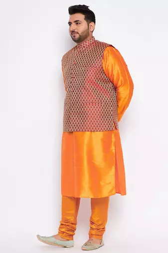 orange silk blend jacket kurta pyjama set
