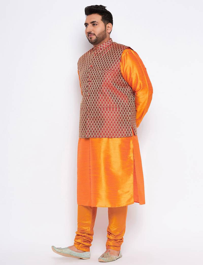 Plus orange silk blend jacket kurta pyjama set