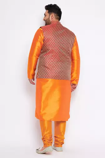 orange silk blend jacket kurta pyjama set