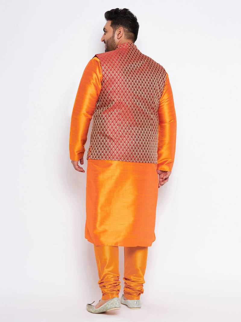 Plus orange silk blend jacket kurta pyjama set