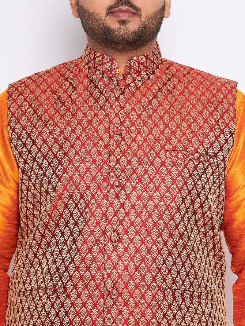 Plus orange silk blend jacket kurta pyjama set