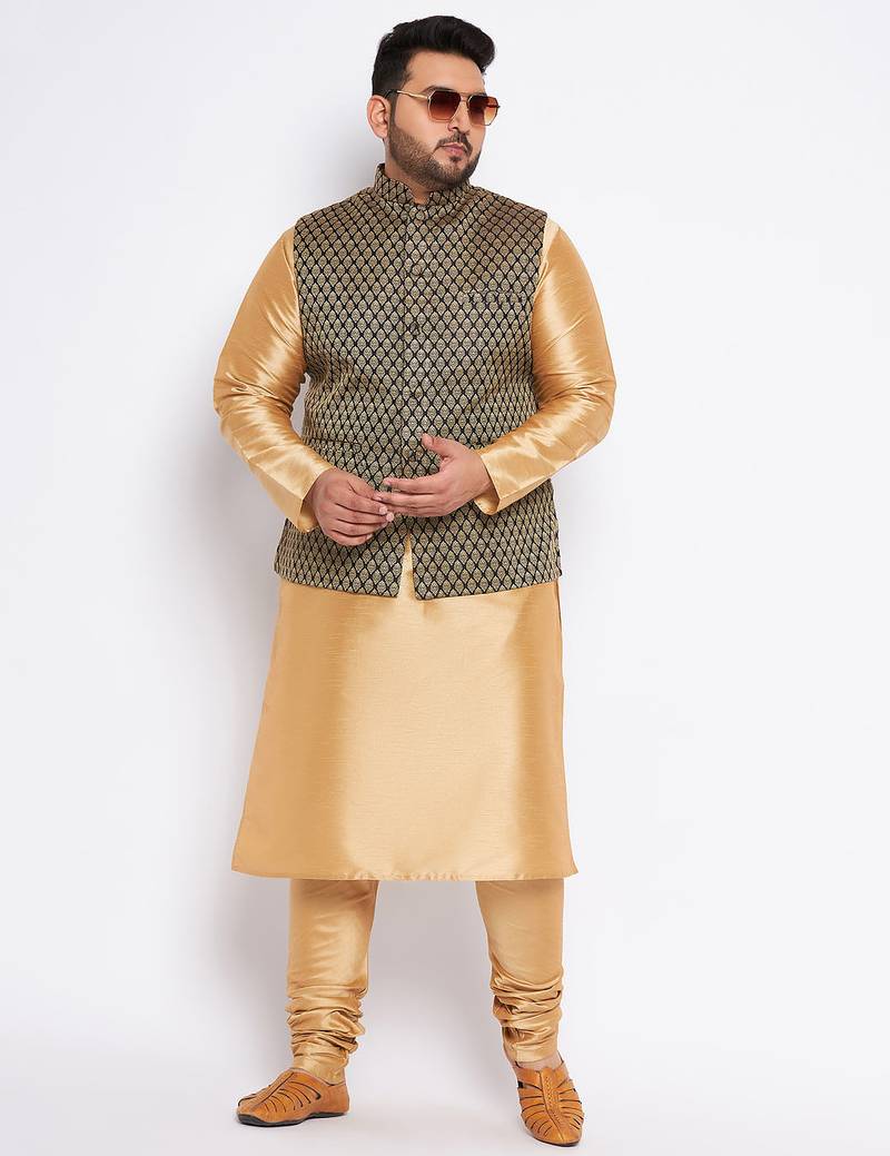 Plus black and rose gold silk blend jacket kurta pyjama set
