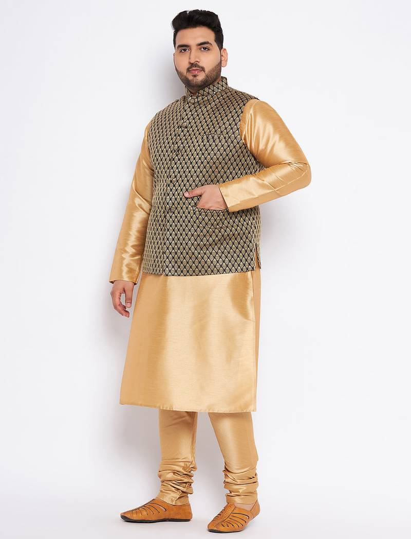 Plus black and rose gold silk blend jacket kurta pyjama set