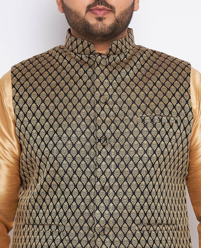 Plus black and rose gold silk blend jacket kurta pyjama set