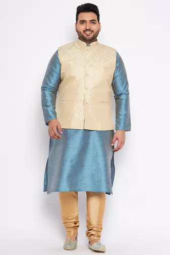 Plus aqua silk blend jacket kurta pyjama set