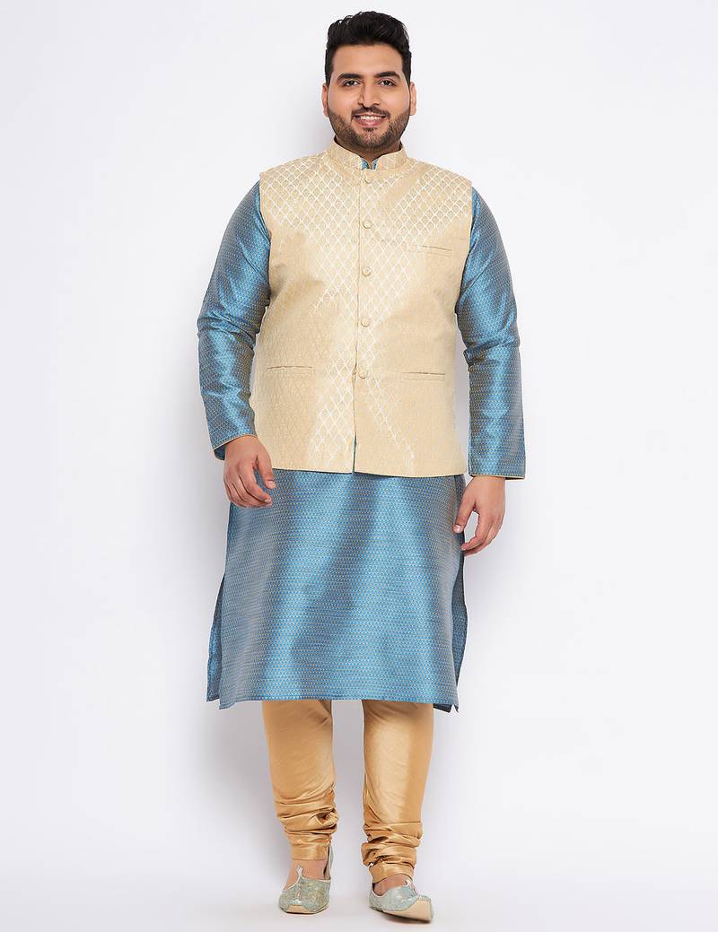 Plus aqua silk blend jacket kurta pyjama set