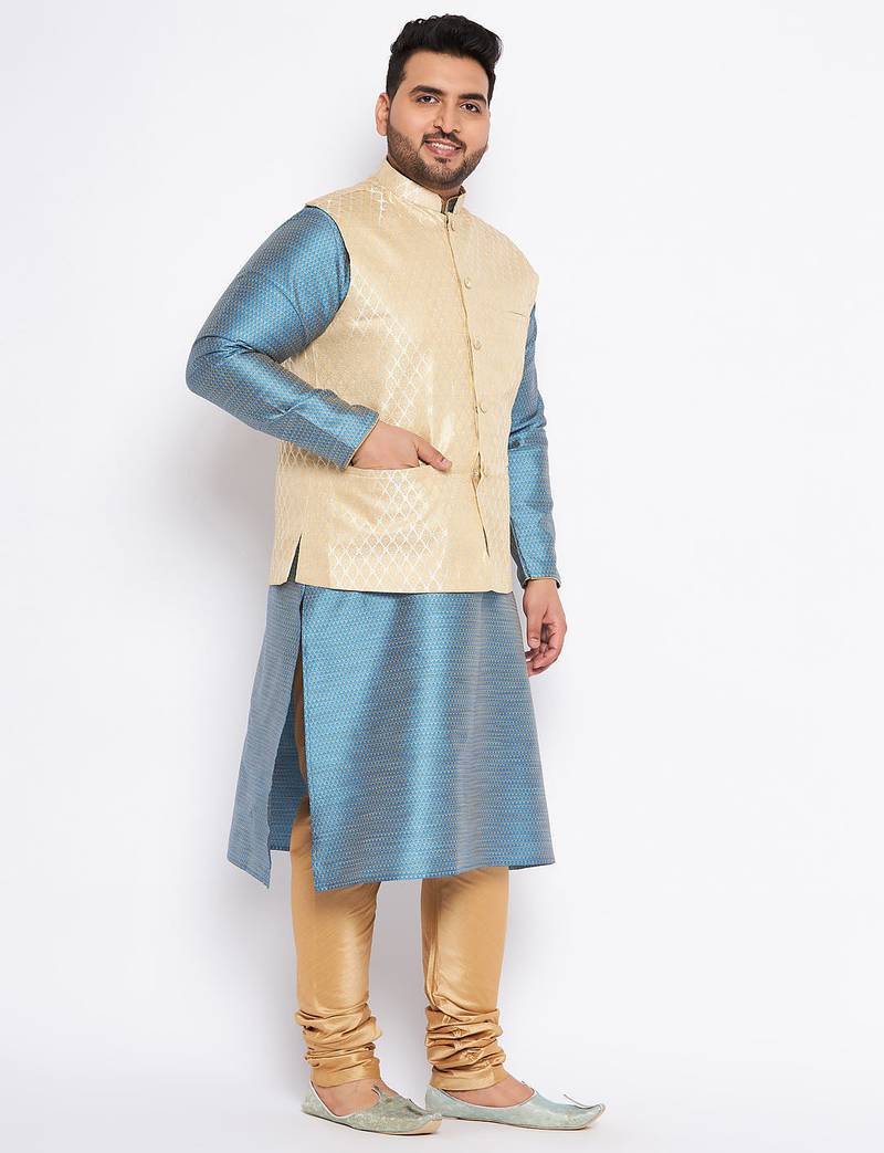 Plus aqua silk blend jacket kurta pyjama set