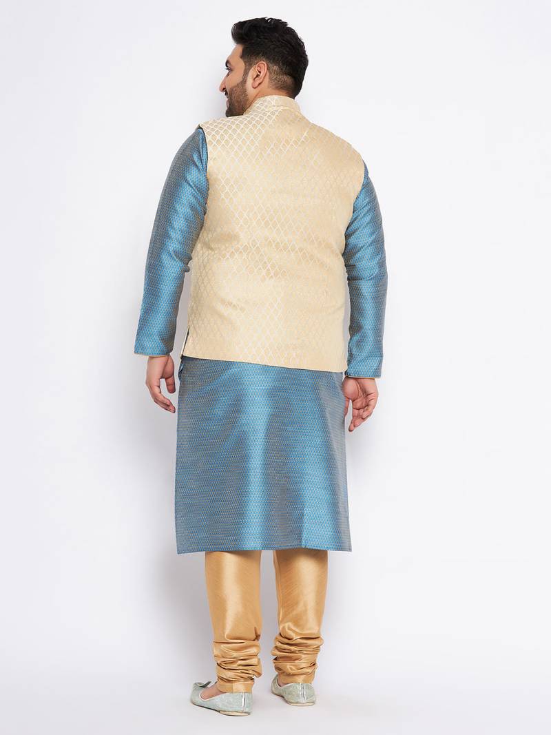 Plus aqua silk blend jacket kurta pyjama set