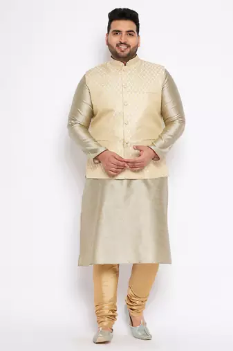 beige silk blend jacket kurta pyjama set