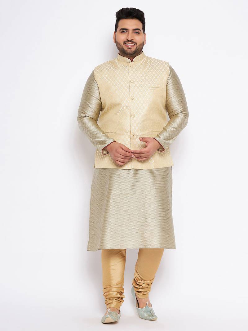 Plus beige silk blend jacket kurta pyjama set