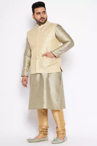 beige silk blend jacket kurta pyjama set
