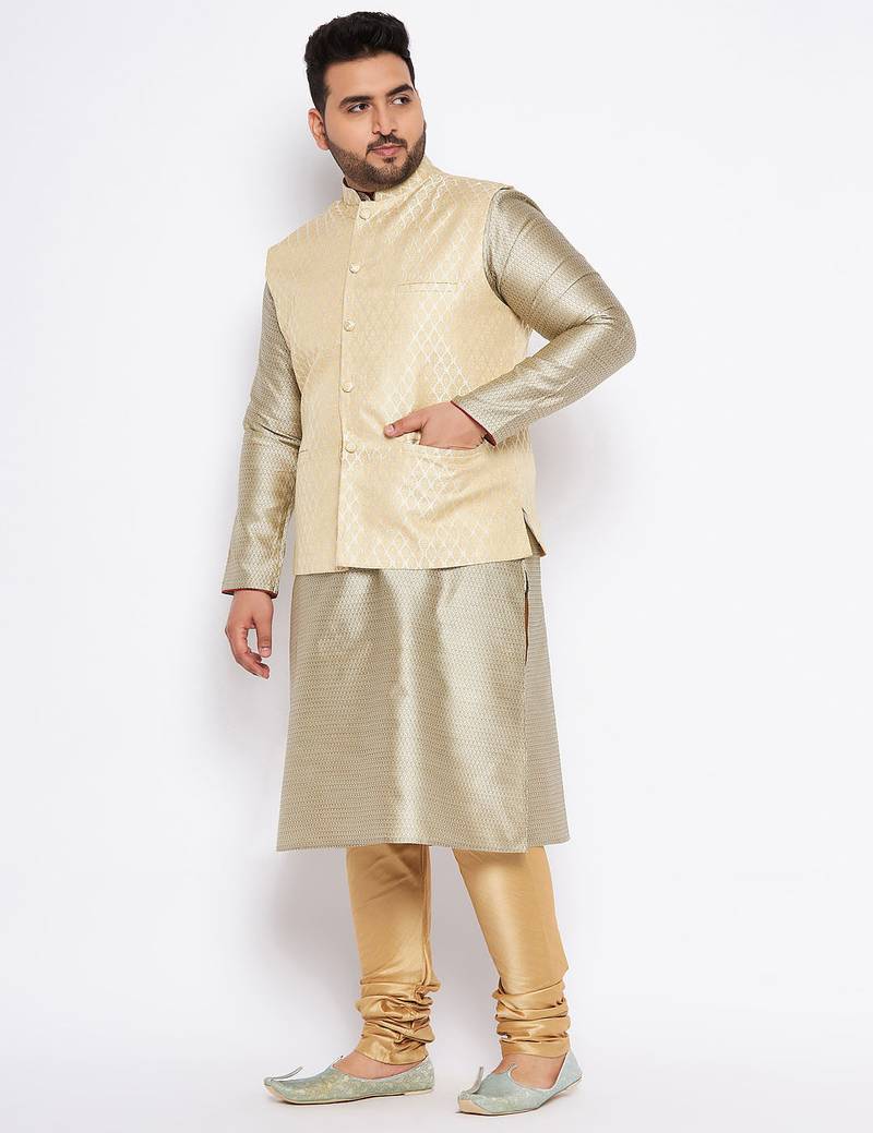 Plus beige silk blend jacket kurta pyjama set