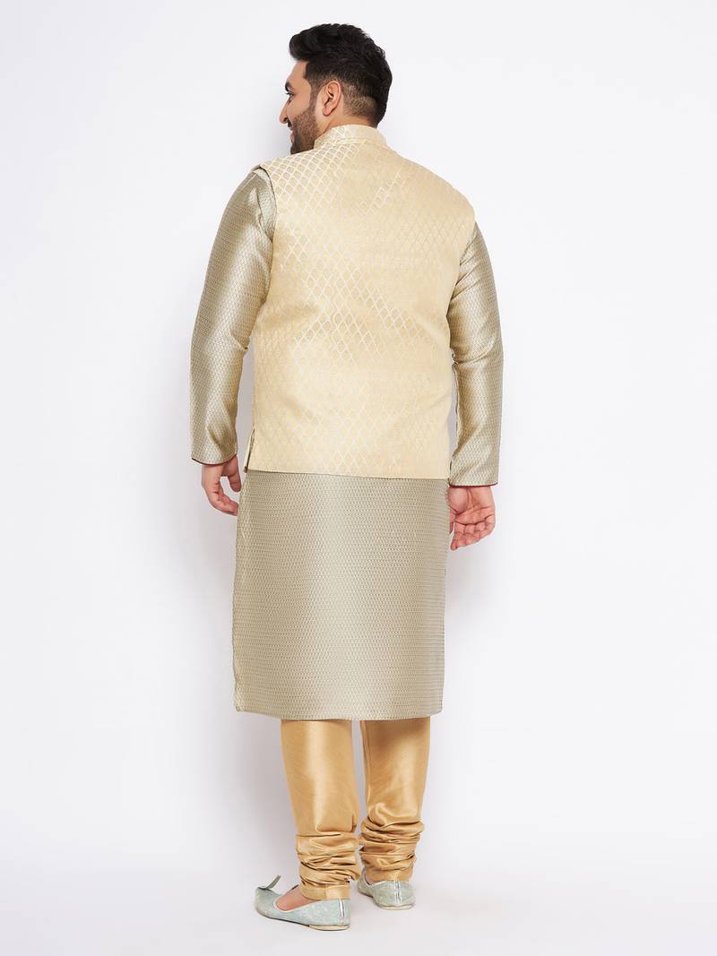 Plus beige silk blend jacket kurta pyjama set