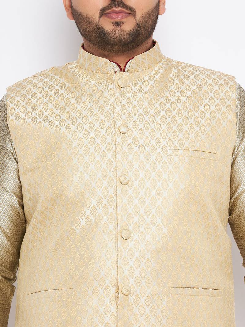 Plus beige silk blend jacket kurta pyjama set