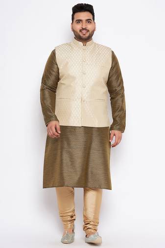 Green silk blend jacket kurta pyjama set