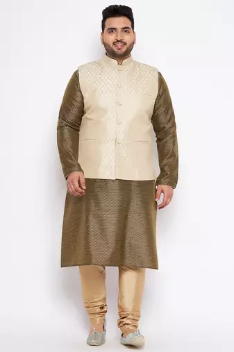 Plus Green silk blend jacket kurta pyjama set