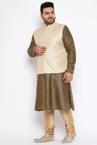 Green silk blend jacket kurta pyjama set