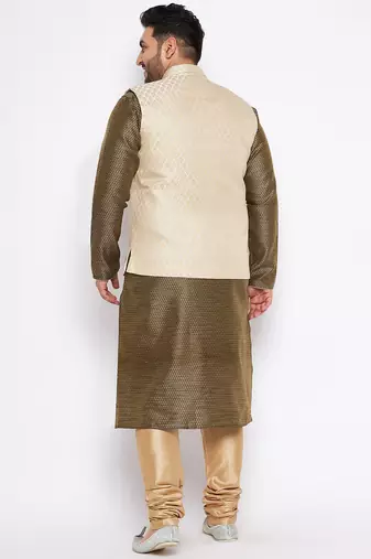 Green silk blend jacket kurta pyjama set