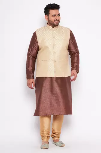 Plus maroon silk blend jacket kurta pyjama set