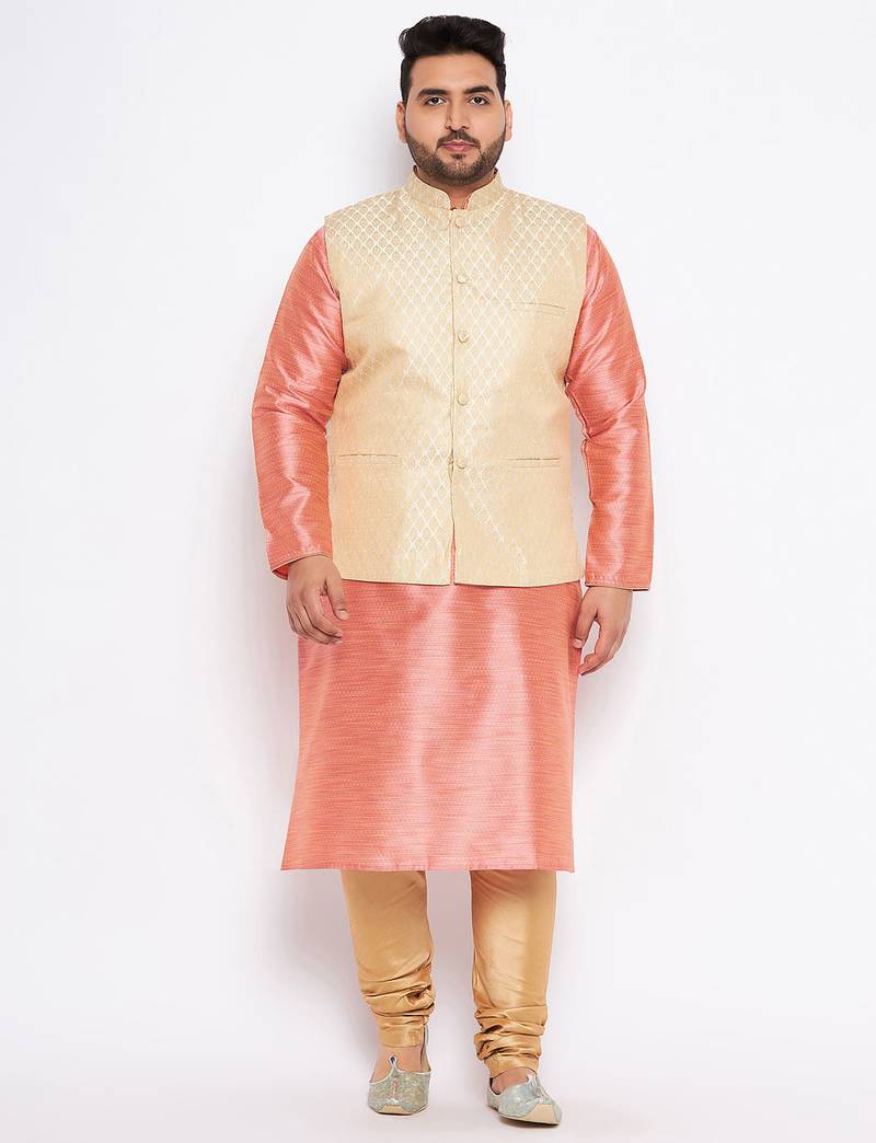 Plus pink silk blend jacket kurta pyjama set