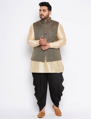 gold silk blend jacket kurta dhoti set 1