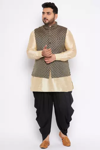 gold silk blend jacket kurta dhoti set