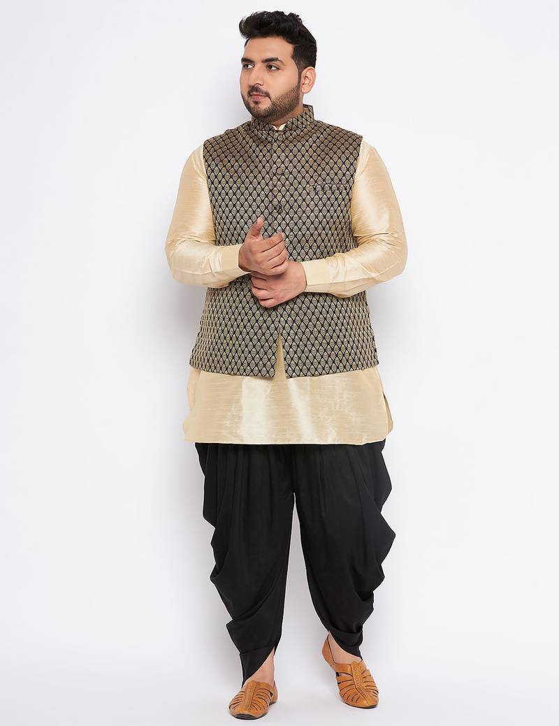 Plus gold silk blend jacket kurta dhoti set