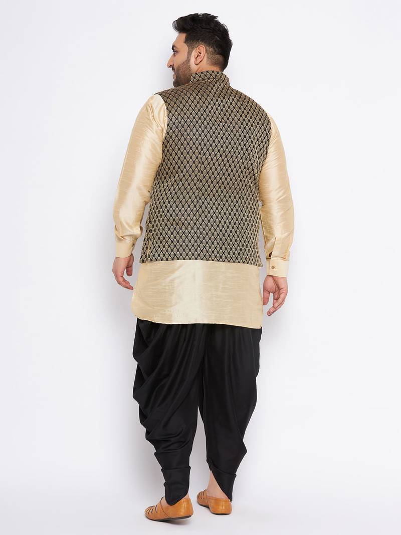 Plus gold silk blend jacket kurta dhoti set
