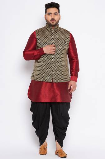 maroon silk blend jacket kurta dhoti set