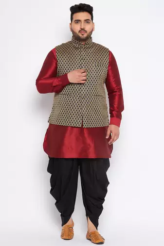 Plus maroon silk blend jacket kurta dhoti set