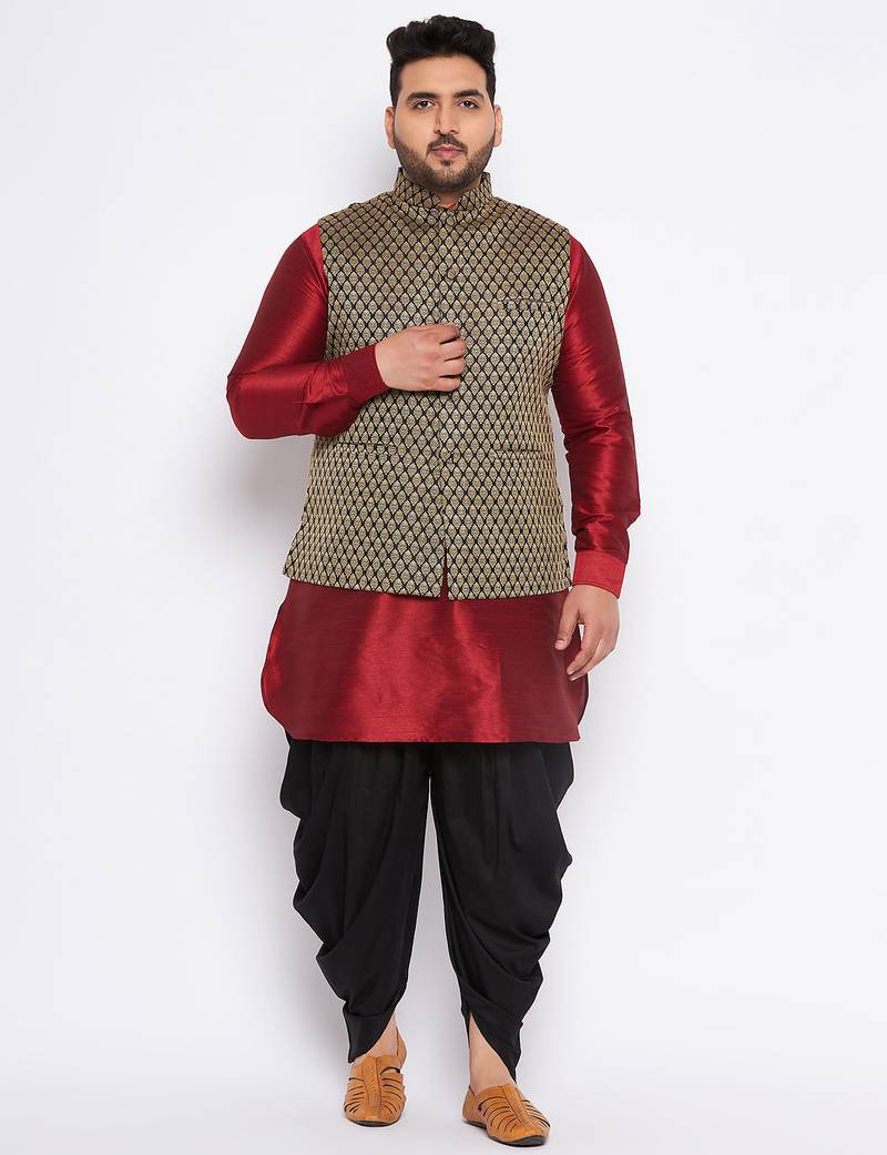 Plus maroon silk blend jacket kurta dhoti set