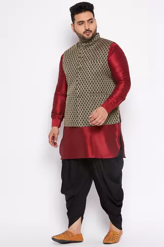 maroon silk blend jacket kurta dhoti set