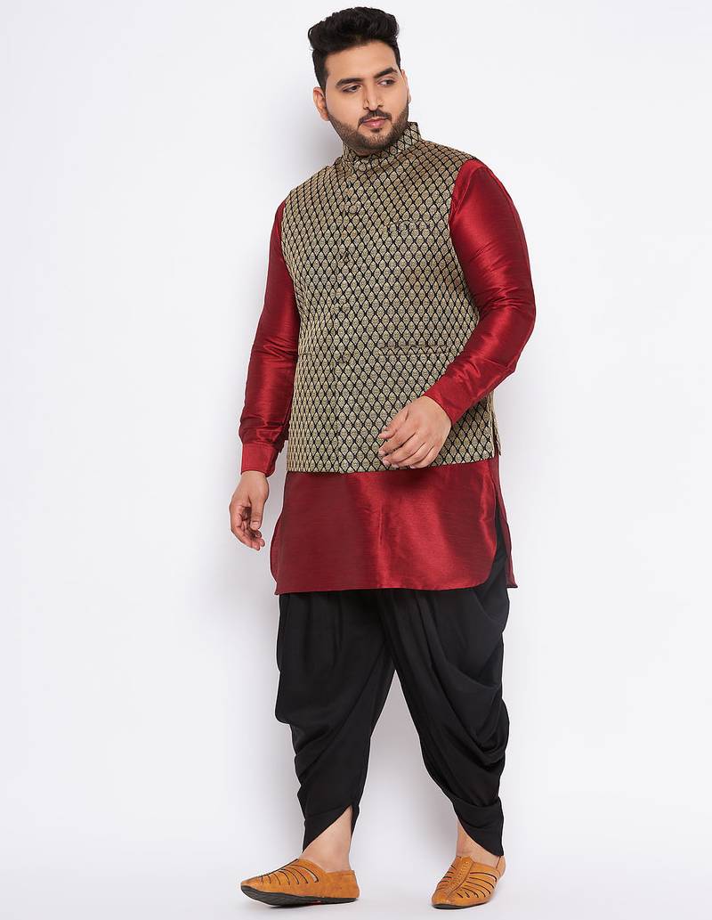 Plus maroon silk blend jacket kurta dhoti set