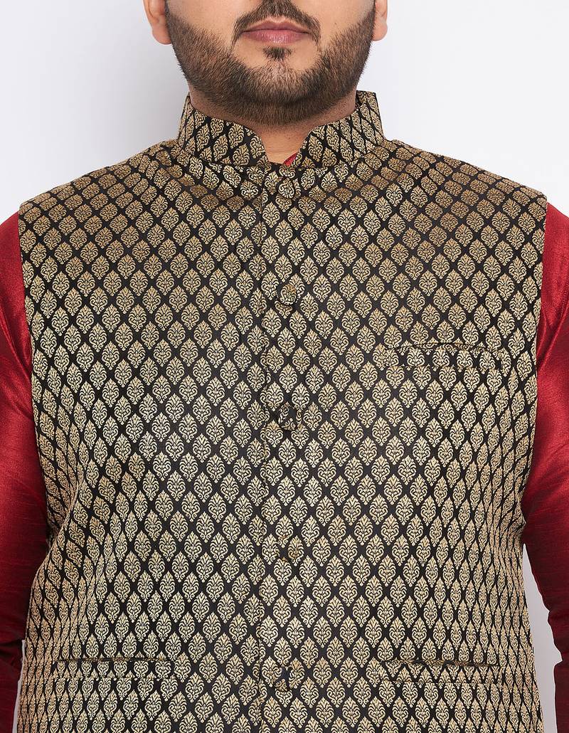 Plus maroon silk blend jacket kurta dhoti set